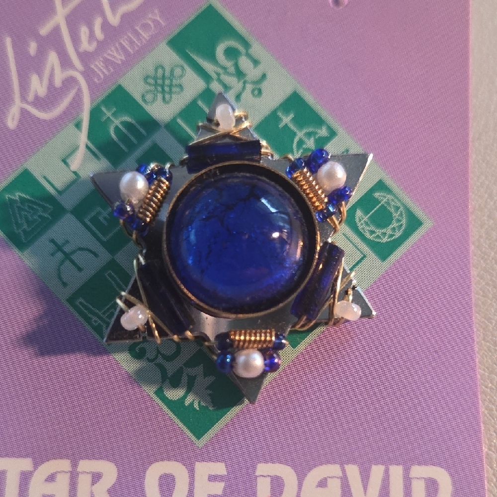 LizTech Star of David Silver, Blue and Gold Brooch